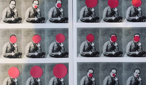 18 frames from a black and white archive film show a woman in Edwardian clothes sat down. A pink circle covers her mouth and with each frame it grows to cover her whole head then shrinks again.