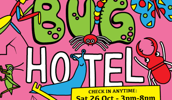 Brightly coloured poster saying the electric grand bug hotel. Illustrations of different insects coloured green, red and blue cover the poster, including stick insect, butterfly, slug and stag beetle.