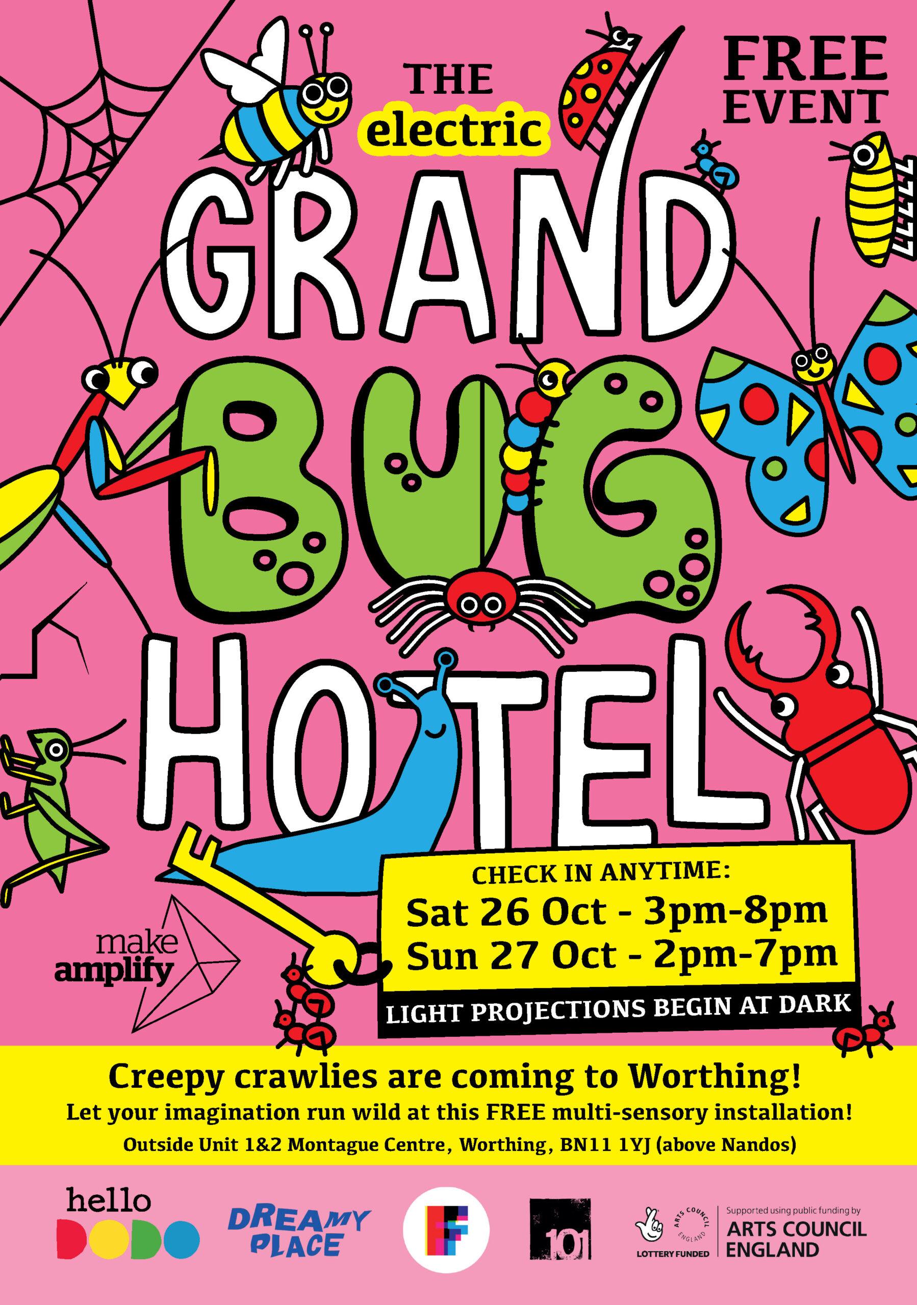 Brightly coloured poster saying the electric grand bug hotel. Illustrations of different insects coloured green, red and blue cover the poster, including stick insect, butterfly, slug and stag beetle.